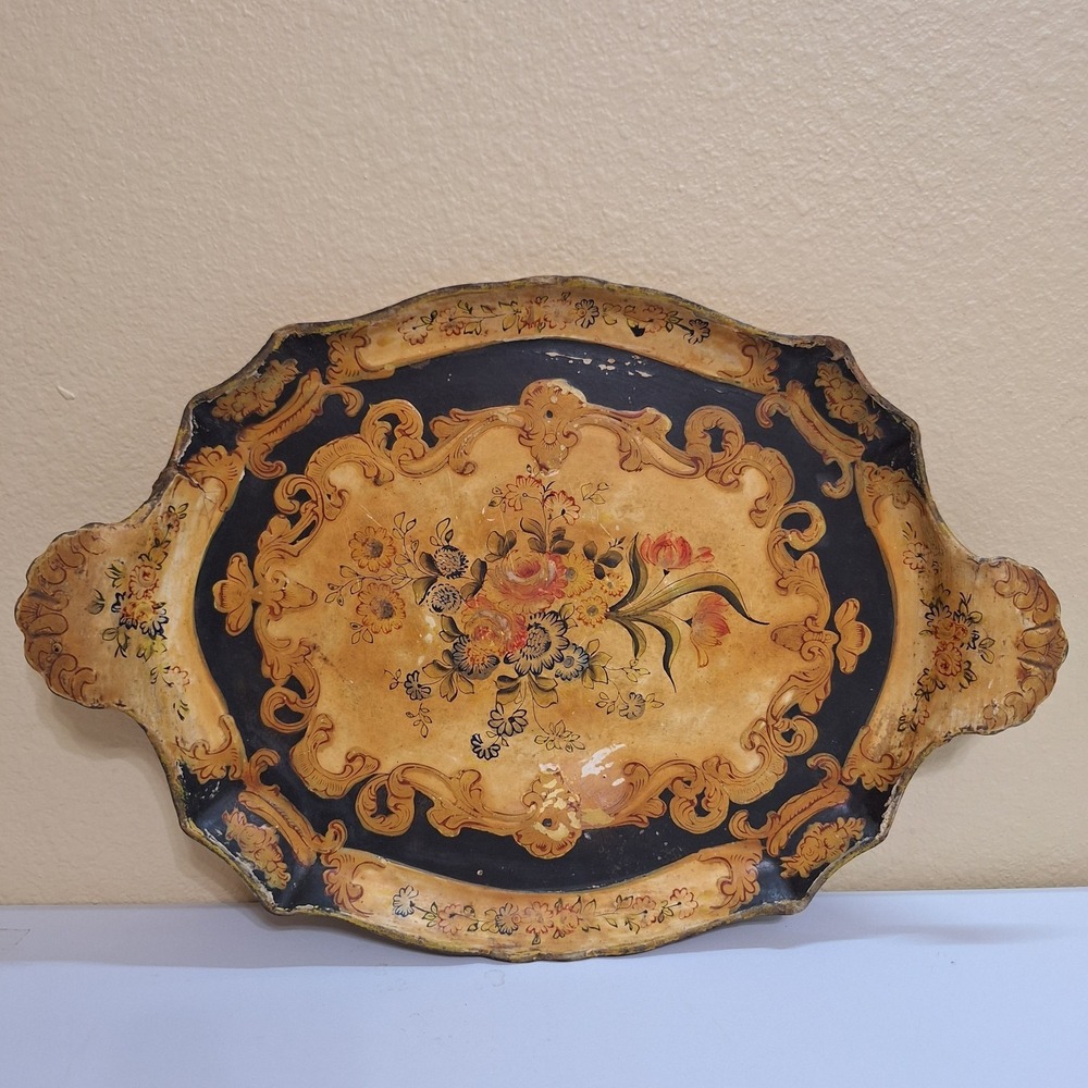 Vintage 1950s Japan Papier Mache Floral Serving Tray Alcohol Proof Large